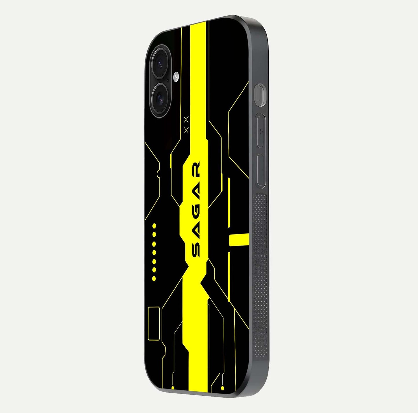 Neon CYBERPUNK Custom Name Glass Case for iPhone 16 Plus side-angle image showing glow depth and bold print