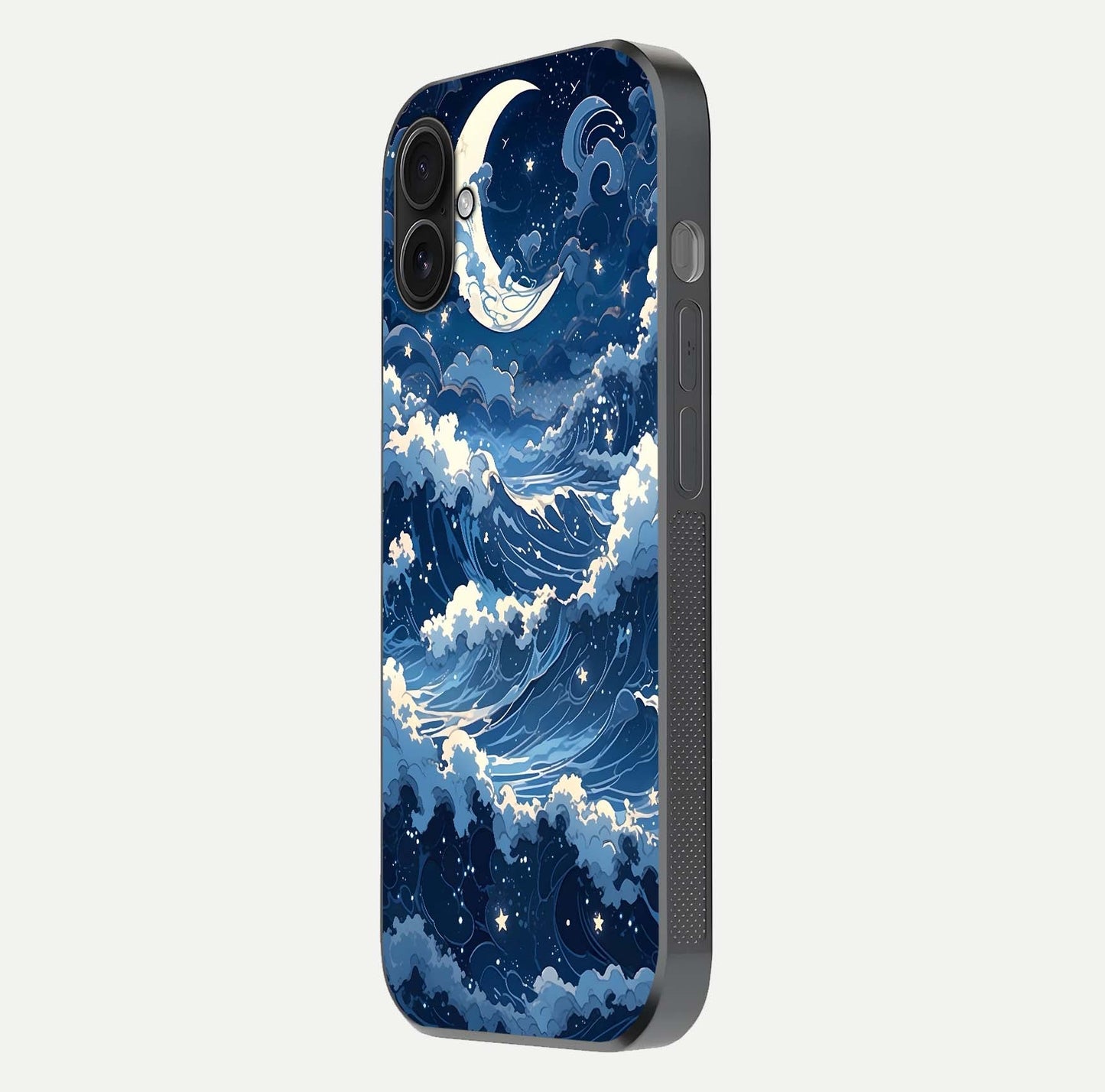 Ocean Moon Waves Glass Case for iPhone 16 Plus side-angle image showing shine and ocean gradient tones