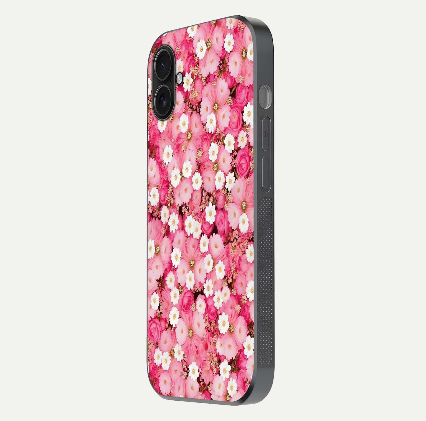Pink Daisy Bliss Glass Case for iPhone 16 Plus side-angle image showing delicate daisy pattern and glass reflection