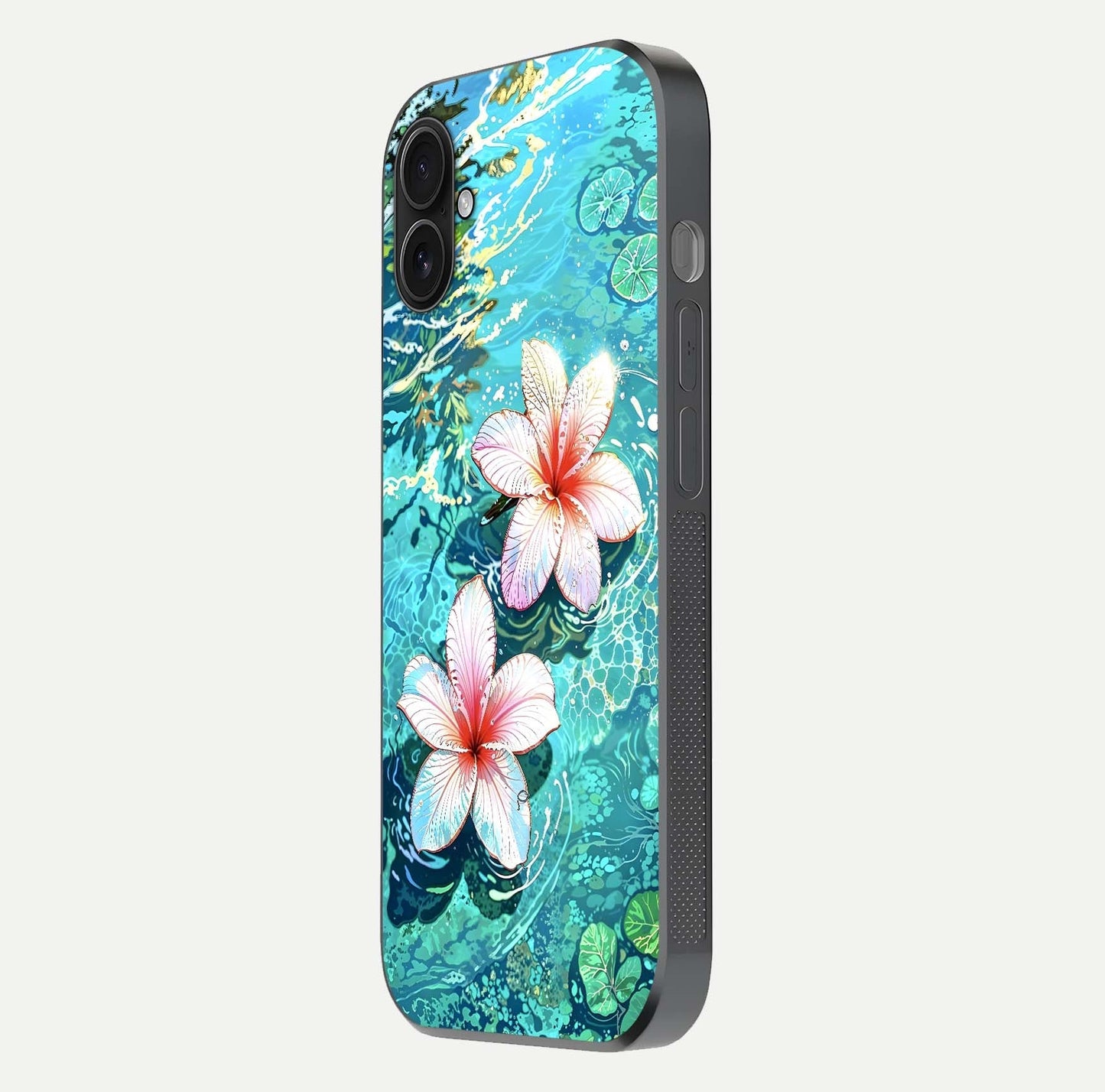 Pink Flowers in Water Glass Case for iPhone 16 Plus side-angle image showing reflection and depth of detail