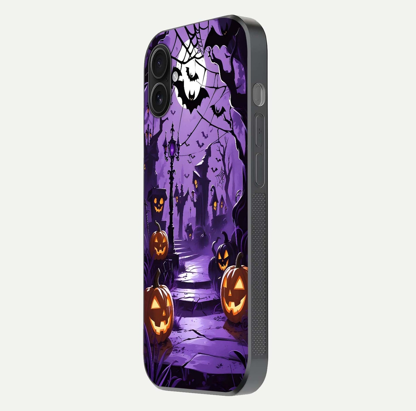Pumpkin Patch Halloween Glass Case for iPhone 16 Plus side-angle image showing shine, camera cutout, and spooky art