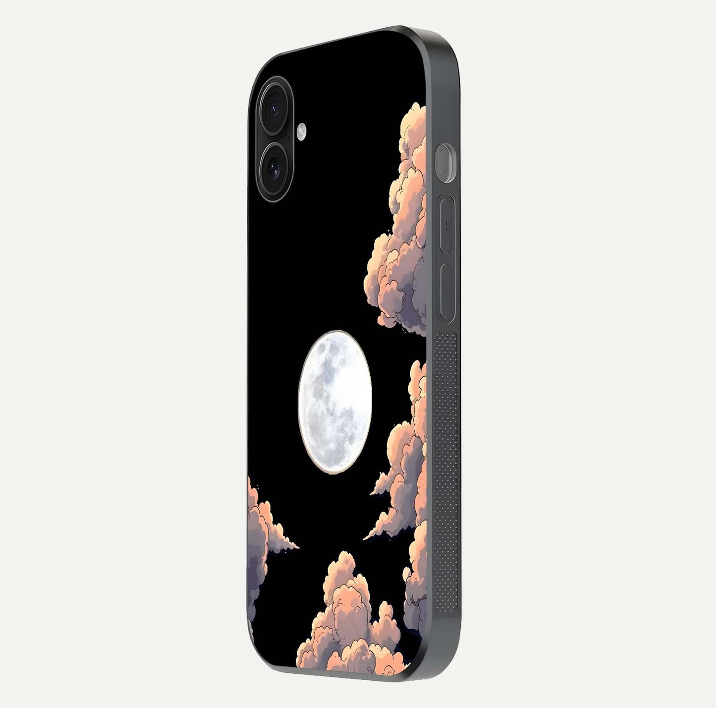Shade Cloud Moon Glass Case for iPhone 16 Plus side-angle image showing reflection and night-sky detail