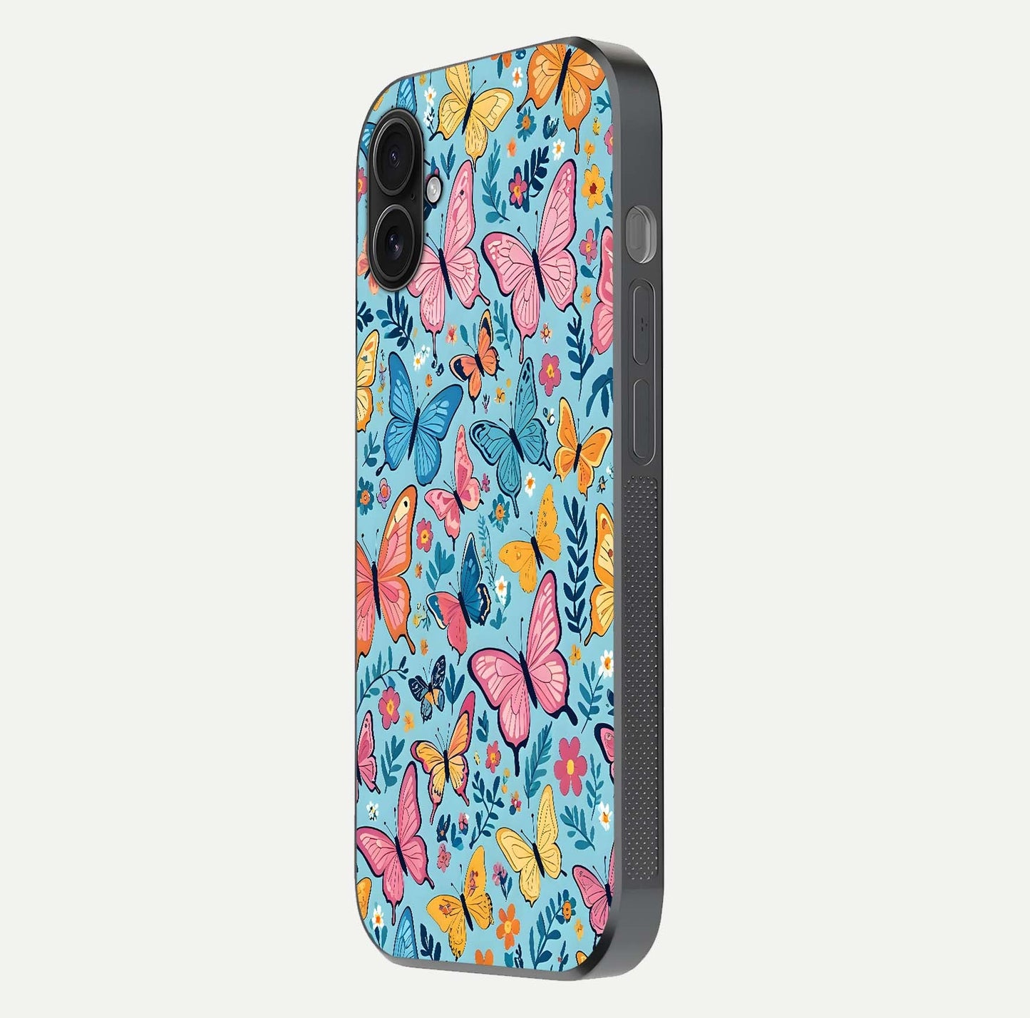 Spring Wing Garden Glass Case for iPhone 16 Plus side-angle image showing shine, color, and pattern depth