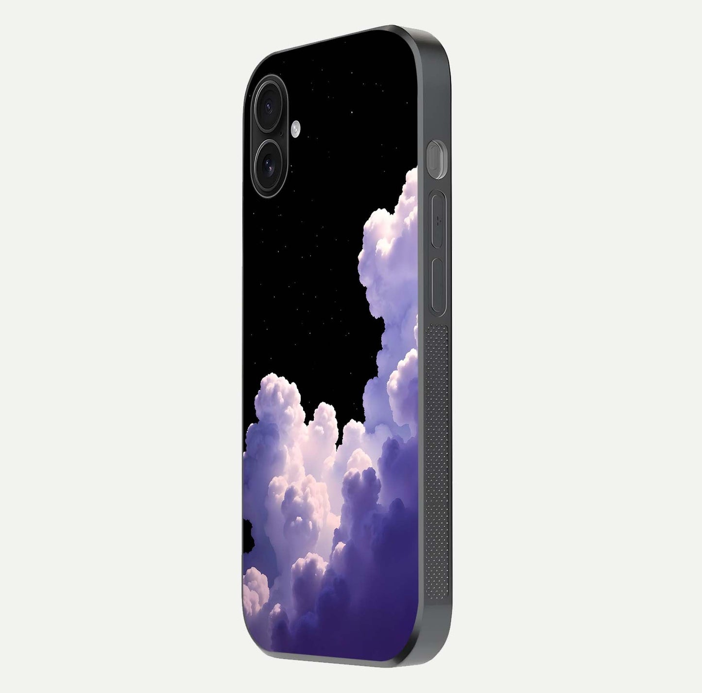 Starlit Night Whispers Glass Case for iPhone 16 Plus side-angle image showing reflection and night pattern shine