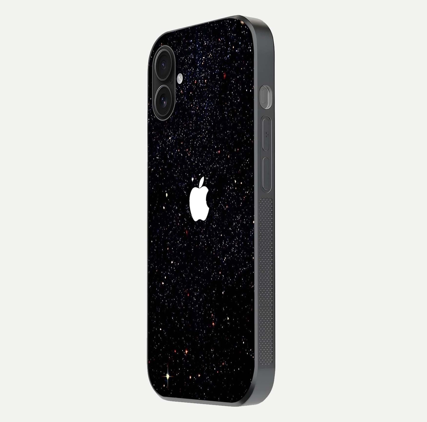 Starry Apple Galaxy Glass Case for iPhone 16 Plus side-angle image showing gloss and star pattern detail