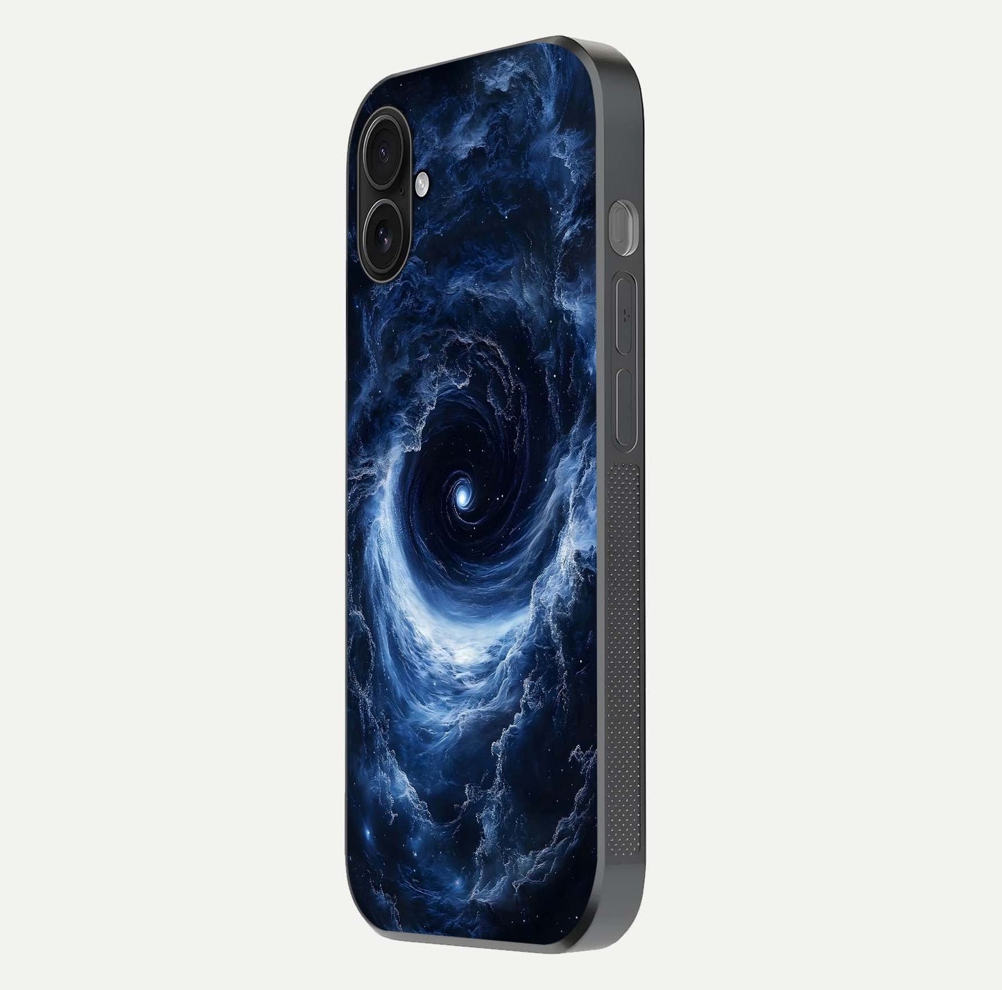 Stunning Galaxy Glass Case for iPhone 16 Plus side-angle image showing glossy reflection and space detailing