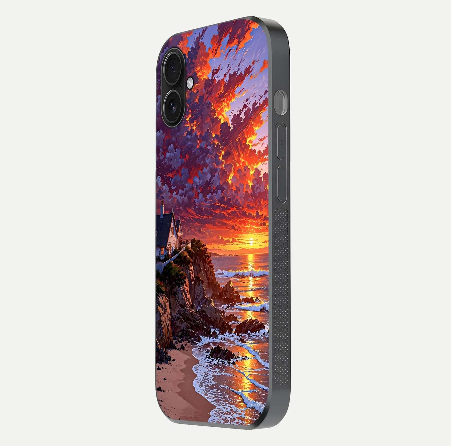 Sunset House by Sea Glass Case for iPhone 16 Plus side-angle image showing reflection and seaside color tone