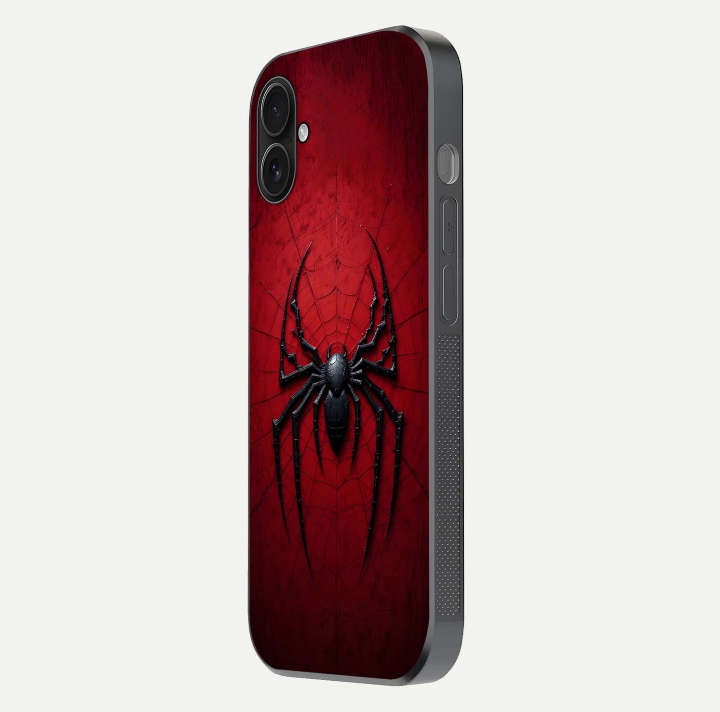 Venom Web Emblem Glass Case for iPhone 16 Plus side-angle image showing reflection and dark color tones