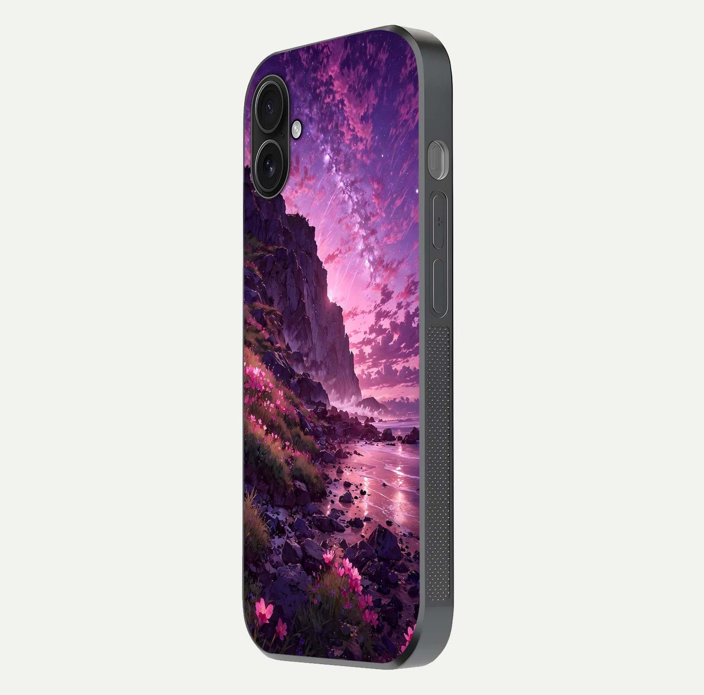 Twilight Blossom Coast Glass Case for iPhone 16 Plus side-angle image showing shine, reflection, and petal tone