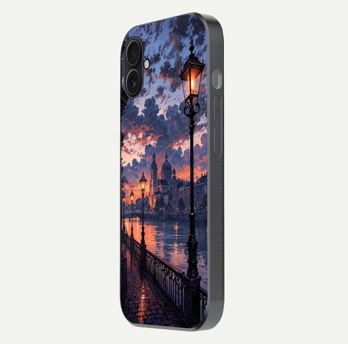Twilight River Lights Glass Case for iPhone 16 Plus side-angle image showing reflections, lighting, and gradient tones