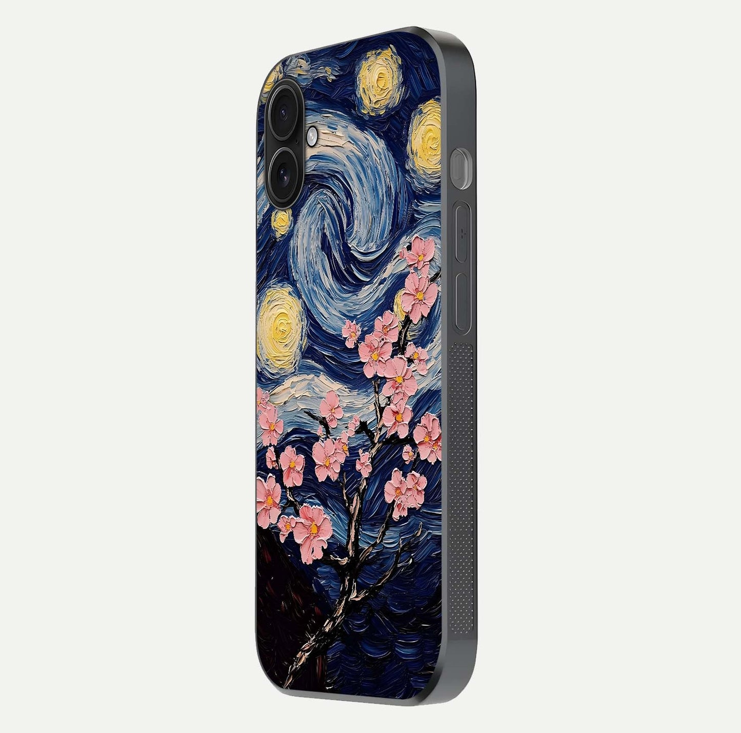 Van Gogh Scenery Glass Case for iPhone 16 Plus side-angle image showing shine, gloss, and scenic color palette