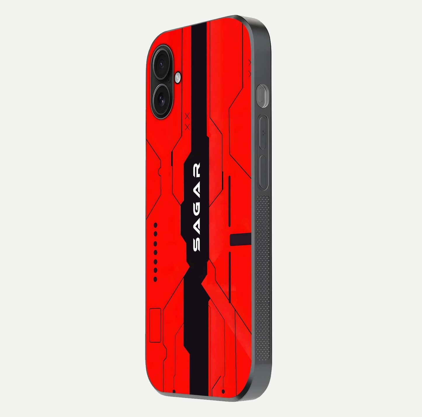 Voltage Rise CYBERPUNK Custom Name Glass Case for iPhone 16 Plus side-angle image showing gloss and cyberpunk detail
