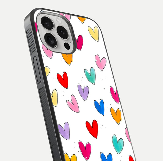 Playful Love Doodles iPhone 16 Pro glass phone case angled back view highlighting doodle artwork and textured grip edges