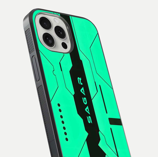 Aqua Tech CYBERPUNK Custom Name Glass Case for iPhone 16 Pro close-up angle showing futuristic blue lights and reflections