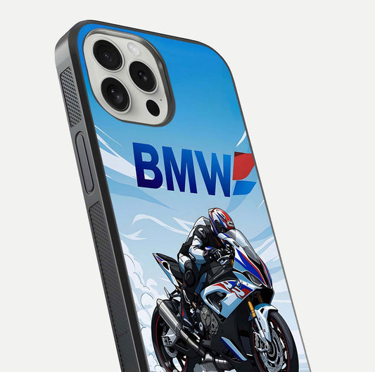 BMW Power Drift Glass Case for iPhone 16 Pro close-up view highlighting motion streaks and gloss shine
