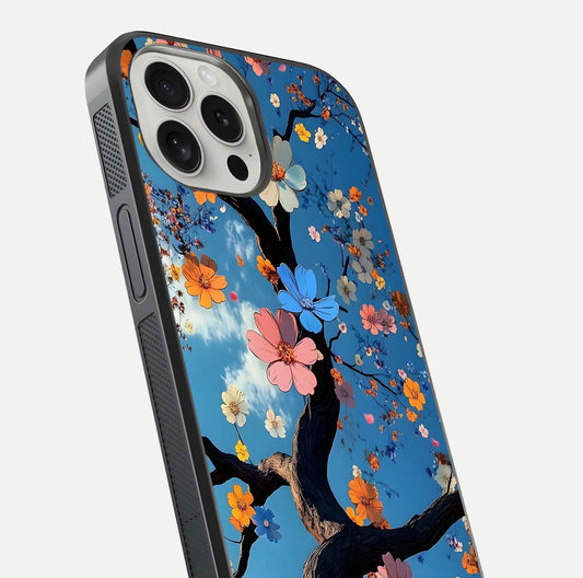 Blossom Dream Sky Glass Case for iPhone 16 Pro close-up shot highlighting dreamlike clouds and pink blossoms