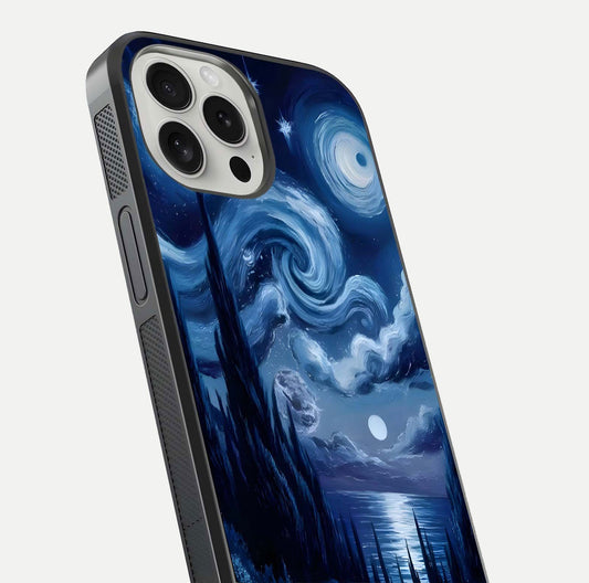 Celestial Dream Van Gogh Glass Case for iPhone 16 Pro close-up view capturing vivid brush details and star reflection