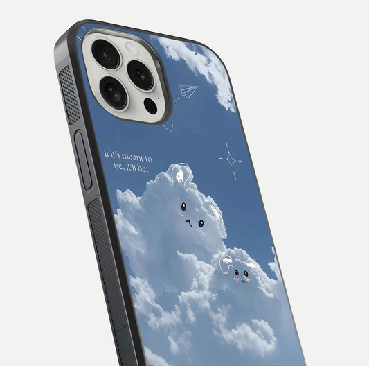 Cloud Bunny Dreams Glass Case for iPhone 16 Pro close-up showing bunny art, dreamy clouds, and HD shine