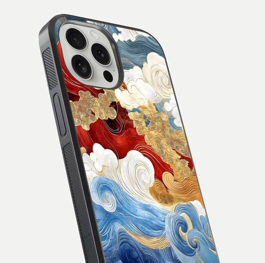 Colored Waves Glass Case for iPhone 16 Pro close-up angled shot highlighting gradient flow and light reflection