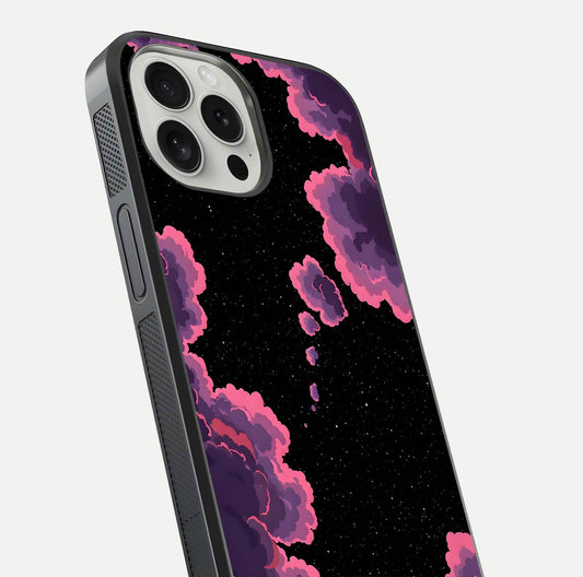 Cosmic Cloud Journey Glass Case for iPhone 16 Pro close-up highlighting star clusters and reflection texture