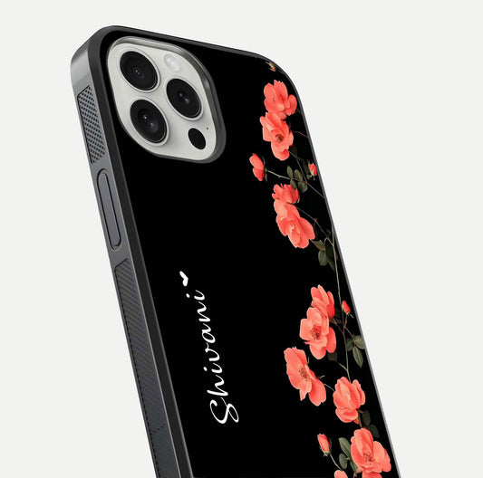 Crimson Bloom Grace Custom Name Glass Case for iPhone 16 Pro close-up highlighting flower pattern and reflection texture