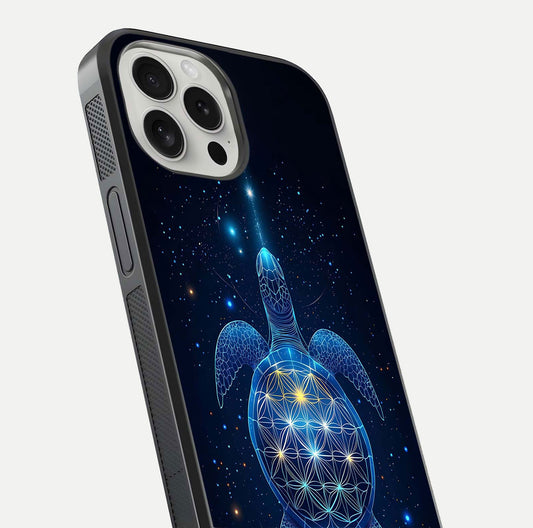 Crimson Blue Turtle Glass Case for iPhone 16 Pro close-up highlighting turtle shell detail and shine reflection