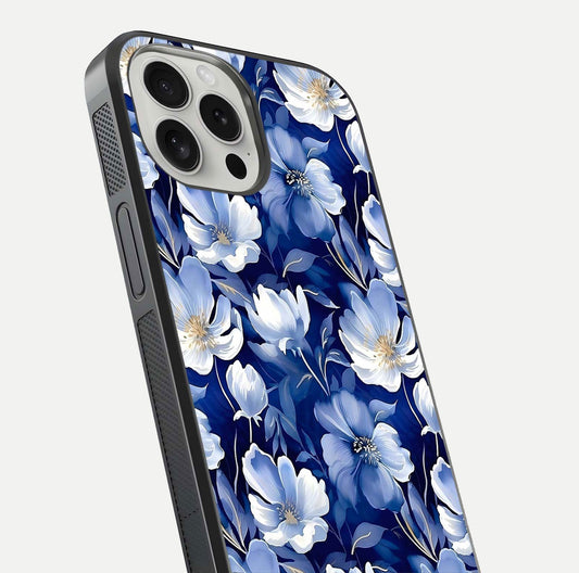 Cute Floral Patterns Glass Case for iPhone 16 Pro close-up highlighting flowers and gloss reflection