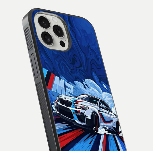 Drift Power Rush Glass Case for iPhone 16 Pro close-up highlighting car reflection and metallic tones