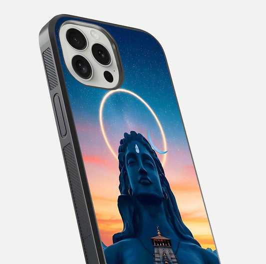 Eternal Shiva Aura Glass Case for iPhone 16 Pro close-up highlighting divine detailing and reflection light