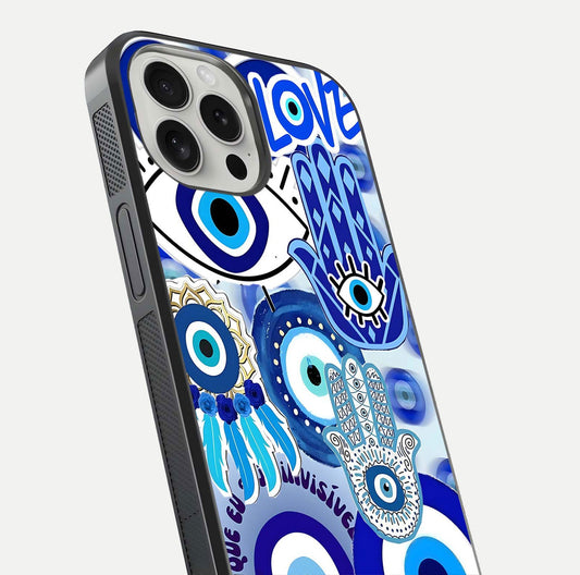 Evil Eyes Dream Glass Case for iPhone 16 Pro close-up highlighting evil-eye charm detail and light reflection on glass
