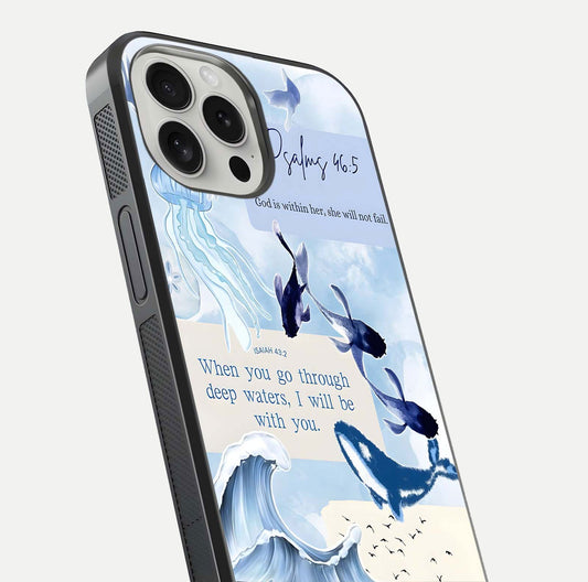 Faithful Ocean Promise Glass Case for iPhone 16 Pro close-up highlighting water reflection and serene blue tones