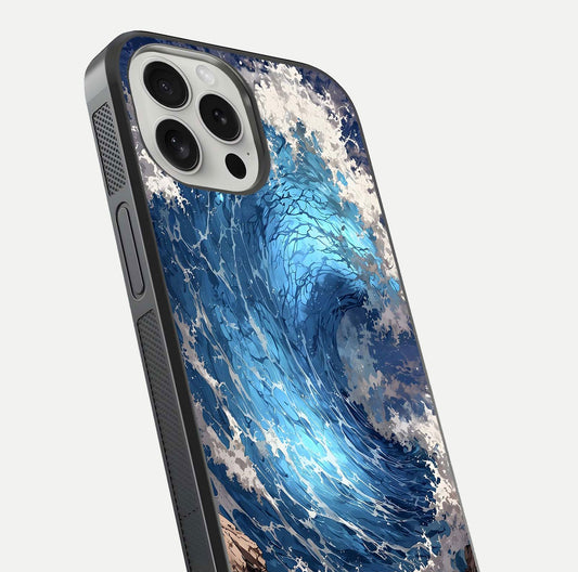 Giant Ocean Wave Glass Case for iPhone 16 Pro close-up angled shot showing wave texture and water reflection shine