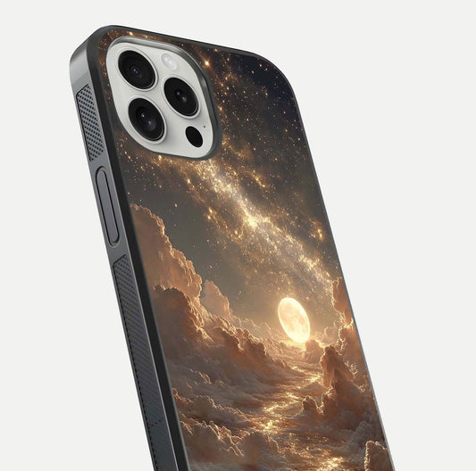 Golden Sky Dream Glass Case for iPhone 16 Pro close-up angled shot showing gradient tones and reflection polish