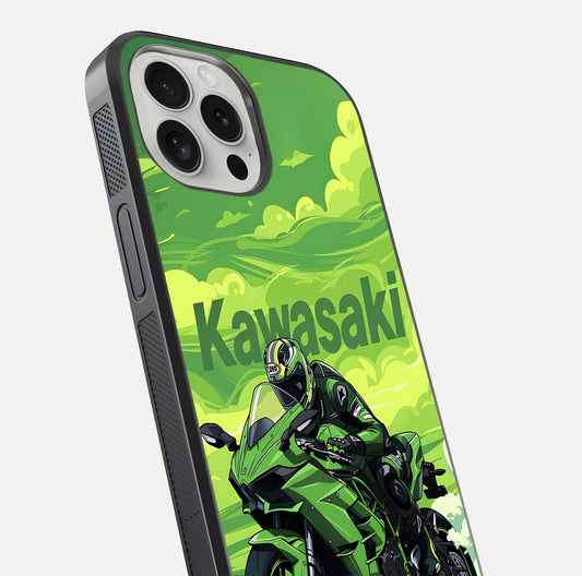 Green Kawasaki Glass Case for iPhone 16 Pro close-up angled shot showing sporty line details and reflection shine
