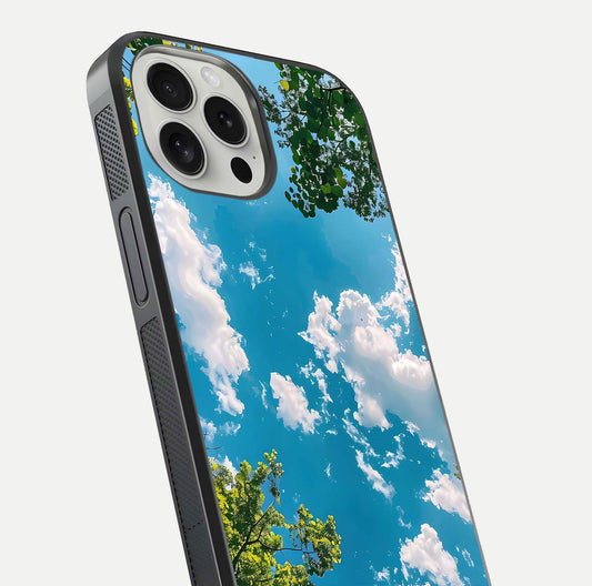 Greenery Sky Glass Case for iPhone 16 Pro close-up angled shot showing leafy tones and reflection brightness