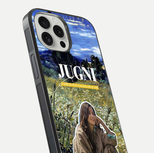 Jugni Soul Vibes Glass Case for iPhone 16 Pro close-up angled shot showing typography detail and vibrant gloss reflection