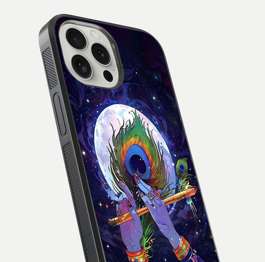 Krishna Hands Art Glass Case for iPhone 16 Pro close-up angled shot showing detailed hand design and shine