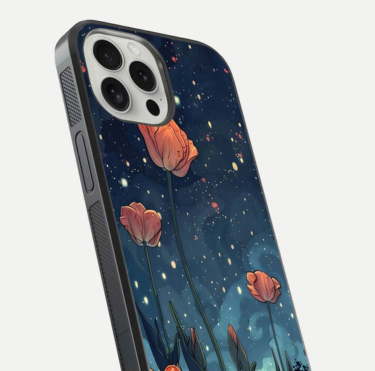 Midnight Tulip Glow Glass Case for iPhone 16 Pro close-up angled shot showing petal details and reflection glow