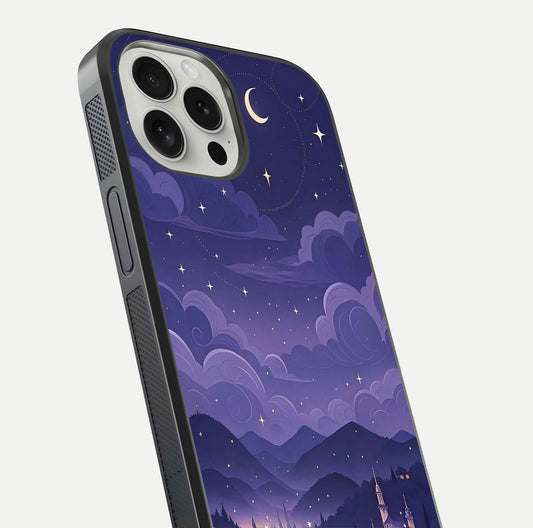 Minimal Night View Glass Case for iPhone 16 Pro close-up angled shot showing lights reflection and dark tone details