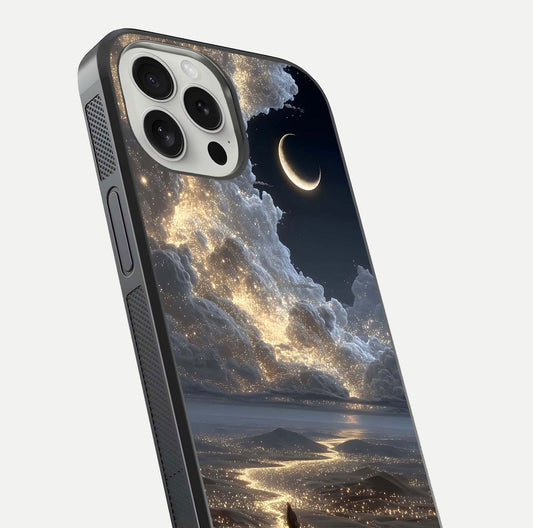 Moonlight Spark Path Glass Case for iPhone 16 Pro close-up angled shot showing glowing stars and reflection
