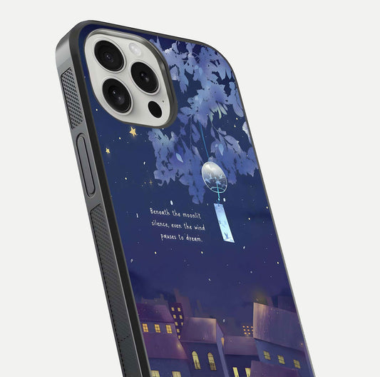 Moonlit Cat Silence Glass Case for iPhone 16 Pro close-up angled shot showing soft glow and reflection texture