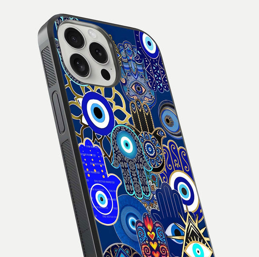Mystic Palm Guard Glass Case for iPhone 16 Pro close-up angled shot showing eye symbol and fine texture