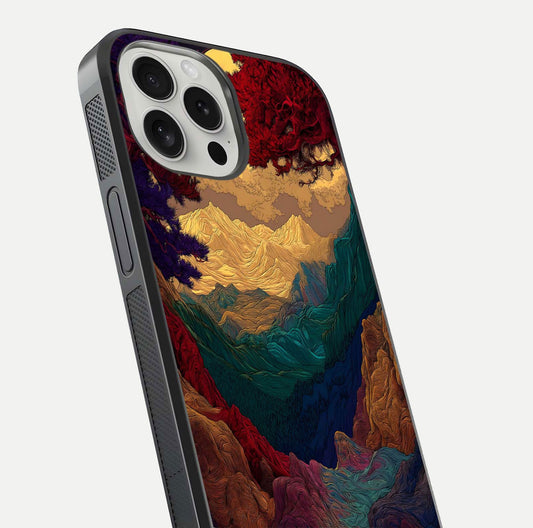 Mystic Valley Light Glass Case for iPhone 16 Pro close-up angled shot highlighting gradient sky and reflection