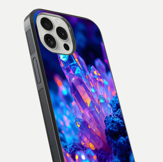 Neon Aura Shards Glass Case for iPhone 16 Pro close-up angled shot highlighting fragment pattern and reflection