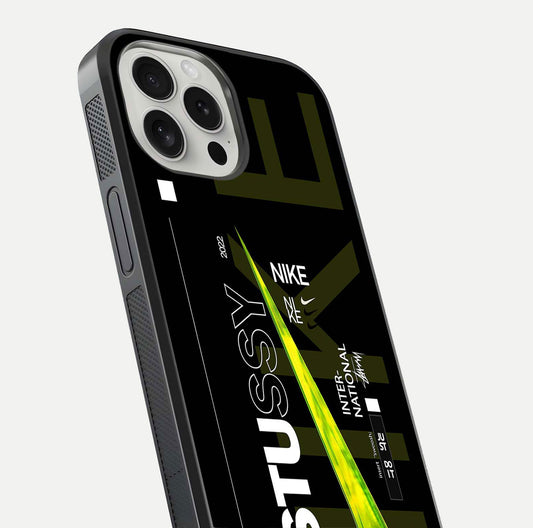 Neon Street Edition Glass Case for iPhone 16 Pro close-up angled shot showing urban neon lights and shine