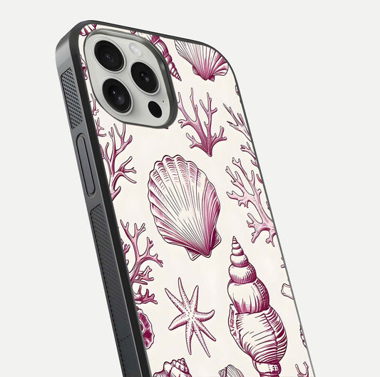 Pink Shells Outline Glass Case for iPhone 16 Pro close-up angled shot showing fine shell lines and reflection