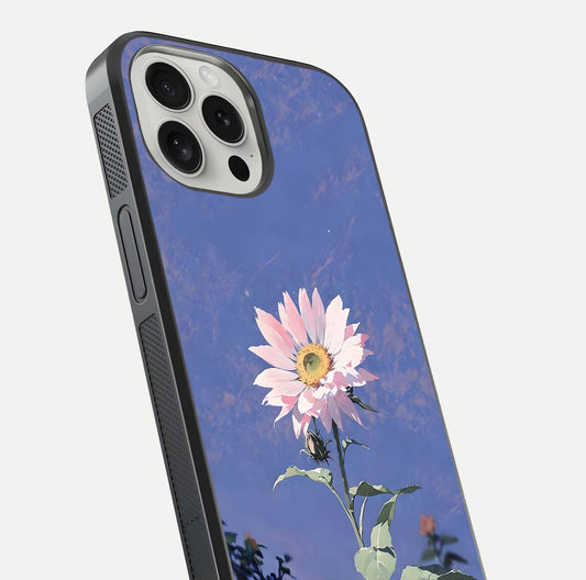 Pink Sunflower Glow Glass Case for iPhone 16 Pro close-up angled shot highlighting petal texture and reflection