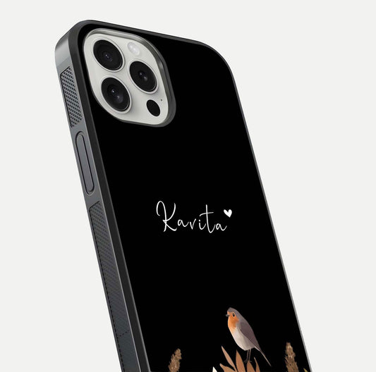 Quiet Garden Tune Custom Name Glass Case for iPhone 16 Pro close-up angled shot showing soft tones and gloss reflection