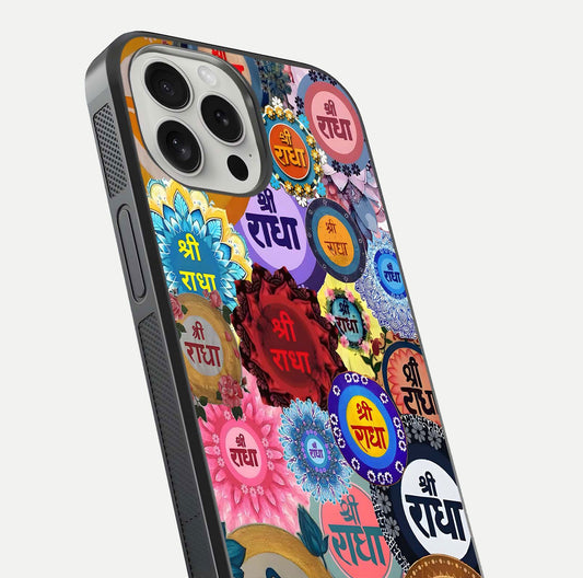 Radha Divine Bloom Glass Case for iPhone 16 Pro close-up angled shot highlighting divine detailing and shine