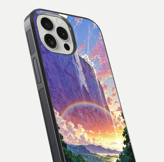 Rainbow Valley Dream Glass Case for iPhone 16 Pro close-up angled shot highlighting gradient tones and HD shine